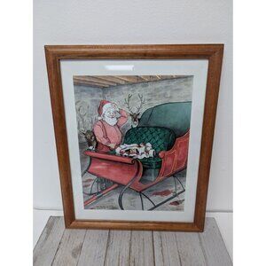 Jane McClure Jane's Prints Santa Claus Sleigh Cat Kittens Country Framed Print